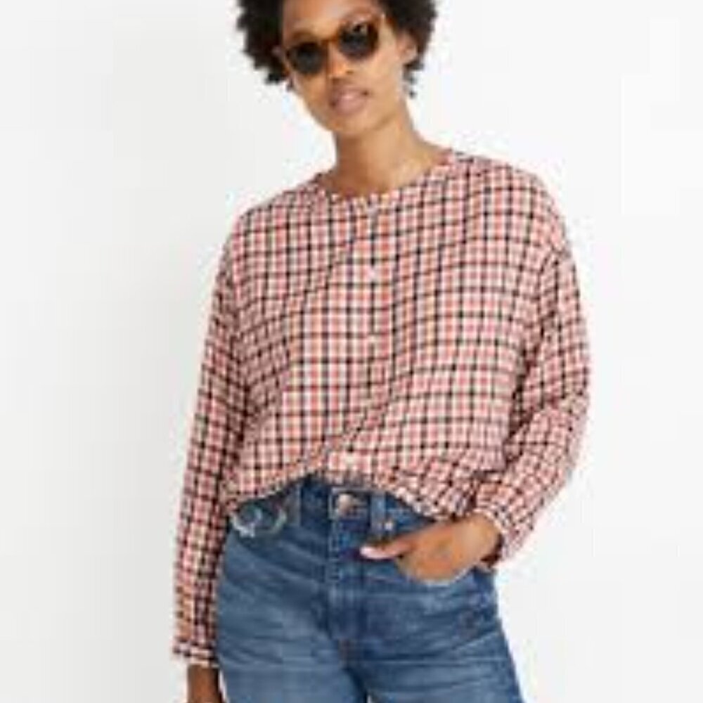 Madewell Meadow Brown Orange Ivory Check Shirt Small S Coastal Boho Preppy